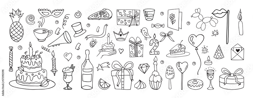 Doodle happy birthday party materials. Fresh cakes and lemonade. Muffin with candle. Soda glass and tea cup. Present boxes. Champagne bottle. Holiday elements. Vector tidy hand drawn set