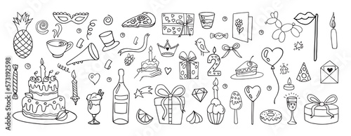 Doodle happy birthday party materials. Fresh cakes and lemonade. Muffin with candle. Soda glass and tea cup. Present boxes. Champagne bottle. Holiday elements. Vector tidy hand drawn set