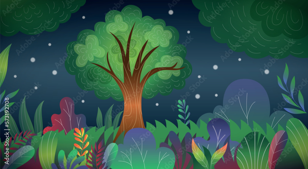 Enchanted magical scenery. Dream forest. Mysterious night landscape. Nature trees in shadow. Starry dark sky. Fairytale summer panorama. Nighttime meadow. Vector cartoon tidy background