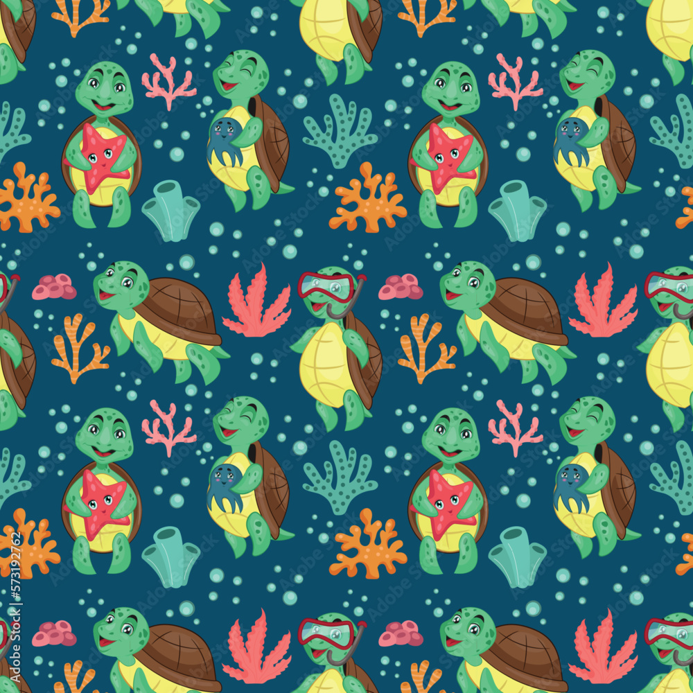 Ocean animals. Swimming turtle pattern. Green and blue sea underwater nature. Tortoise with starfish and octopus. Home in water. Corals and seaweeds. Vector tidy seamless illustration