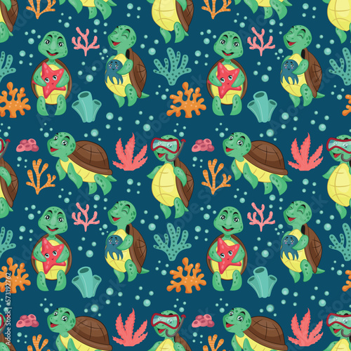 Ocean animals. Swimming turtle pattern. Green and blue sea underwater nature. Tortoise with starfish and octopus. Home in water. Corals and seaweeds. Vector tidy seamless illustration