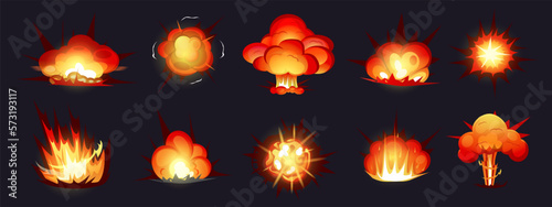 Superhero blowing explosion. Bomb destruction. Comics atomic fire. Blast flash or dynamite explode. Rocket animation flame. Detonation effect. Game elements set. Vector recent image