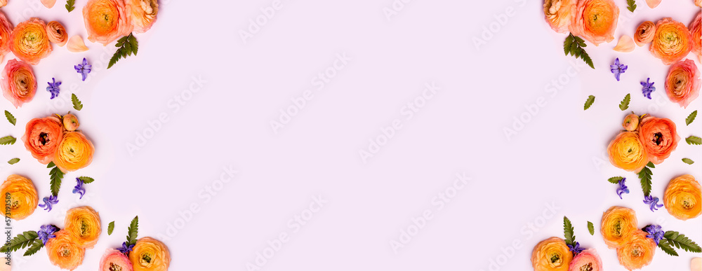 Composition of Purple Hyacinth and Yellow Buttercups on Light pink Background. Holiday banner, copy space. Valentines Day, Mothers day, birthday or arrangement concept. Composition of Purple Hyacinth and Yellow Buttercups on Light pink Background. Holiday banner, copy space. Valentines Day, Mothers day, birthday or arrangement concept.