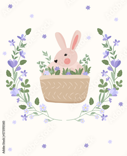 Composition with a blooming wreath and a cute rabbit inside. Spring-summer flowering. Bright compositions are suitable for banners, posters, Easter, spring. Vector graphics.
