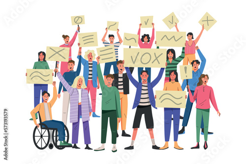 Politics, men and women crowd, people with placards. Youth persons, demonstrating of future opinion, protest or demonstration, activist characters against injustice. Vector garish illustration concept