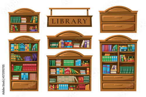 Inside library room. Bookshelf with books. Home furniture. Wooden bookcase. Science shelf in house. Old textbooks in university. Wood cabinets set. Vector garish cartoon illustration