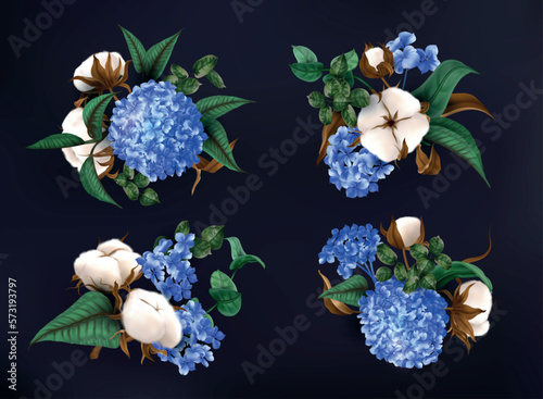 Realistic hydrangeas, cotton flower bouquets. Summer wedding plant leaf compositions, nature spring isolated elements, beauty garden, hortencia blue blossoms. Vector exact 3d illustration photo