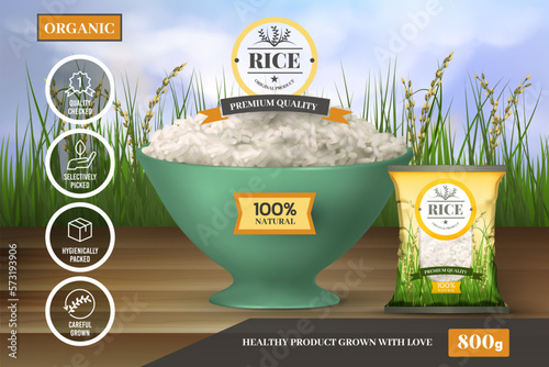 3D rice. Cereal crop. Natural Thailand package. Sketch of basmat. Vietnam food product. Organic nature harvest. Full bowl. Agriculture landscape. Vector exact advertising banner design photo