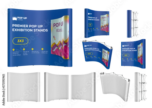 Pop up stand 3x3. Real color picture from all sides. Mockup photozone for the exhibition. 3d render