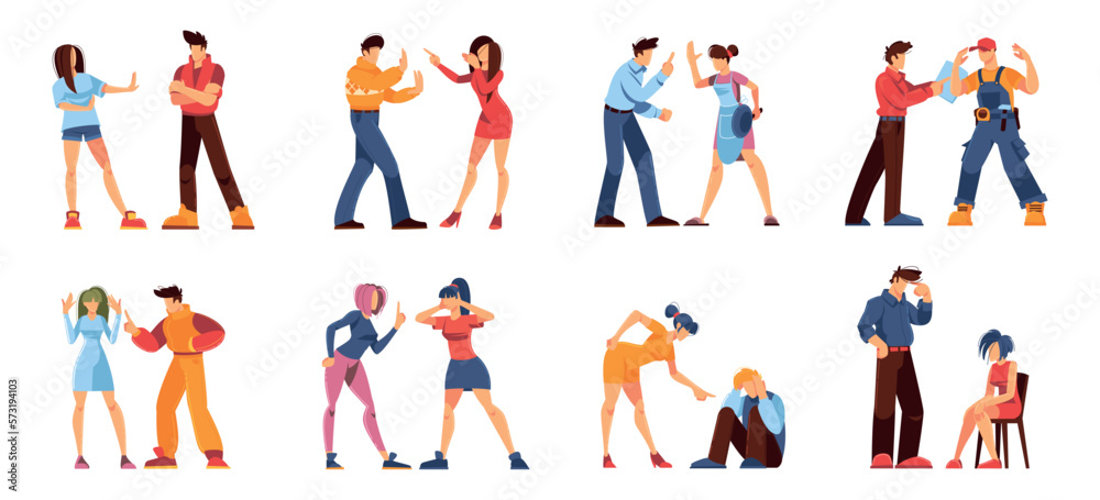 Angry people conflict. Woman and man aggressive quarrel. Friends blaming talk. Abuse persons shout. Stress conversation. Furious discussion. Yelling couples set. Vector illustrations
