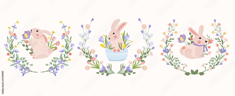 Collection of blooming wreaths and cute rabbit inside. Spring-summer flowering. Bright compositions for your design. Vector graphics. Collection of blooming wreaths and cute rabbit inside. Spring-summer flowering. Bright compositions for your design. Vector graphics.