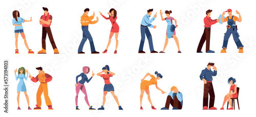 Angry people conflict. Woman and man aggressive quarrel. Friends blaming talk. Abuse persons shout. Stress conversation. Furious discussion. Yelling couples set. Vector illustrations