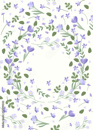 Wallpaper Mural Bright card with blooming flowers, daisies, crocus, lavender, green leaves, hearts in a circle. Spring-summer flowering. Bright compositions are ideal for banners, posters, birthdays, weddings, etc.  Torontodigital.ca