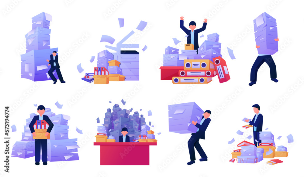 Office paperwork. Overworked worker with documents stacks. Messy desks. Work clutter. Accountants tables with unorganized paper pages. Overload persons set. Vector illustration concept
