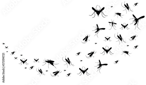 Mosquito insects fly, bugs silhouette. Black sketch of gnat, group of pests, zika or animal malaria epidemic. Bloodsucker control with repellent spray. Vector cartoon isolated illustration