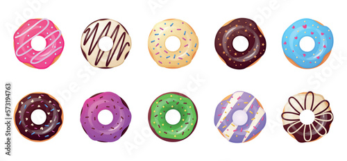 Sweet donut, candy chocolate vanilla and berry food with topping. Round gift dessert, breakfast decoration, present snack. Colorful 3d isolated elements. Vector realistic recent illustration
