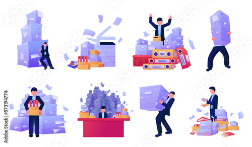 Office paperwork. Overworked worker with documents stacks. Messy desks. Work clutter. Accountants tables with unorganized paper pages. Overload persons set. Vector illustration concept