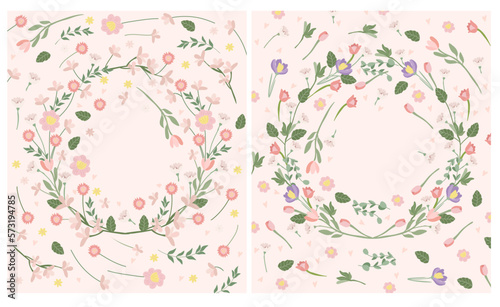 Bright card with blooming flowers, daisies, tulips, crocus, green leaves, hearts in a circle. Spring-summer flowering. Bright compositions are ideal for banners, posters, birthdays, weddings, etc