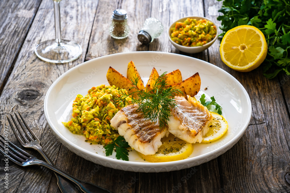 Fish dish - fried cod with baked potatoes and fresh vegetables on wooden table
Fish dish - fried cod with baked potatoes and fresh vegetables on wooden table