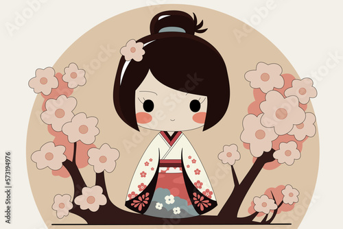 Japanese chibi female character with traditional kimono. Sakura flowers, hanami background. Vector illustration.