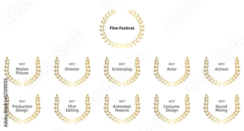 Film festival awards set in gold laural wreath PNG. film awards icons set. Film festival awards icons set. PNG image. photo