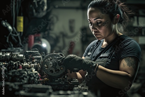 Automotive car mechanic female working in the garage and repairs a broken engine or gearbox. Repair or maintenance of auto service. AI generative