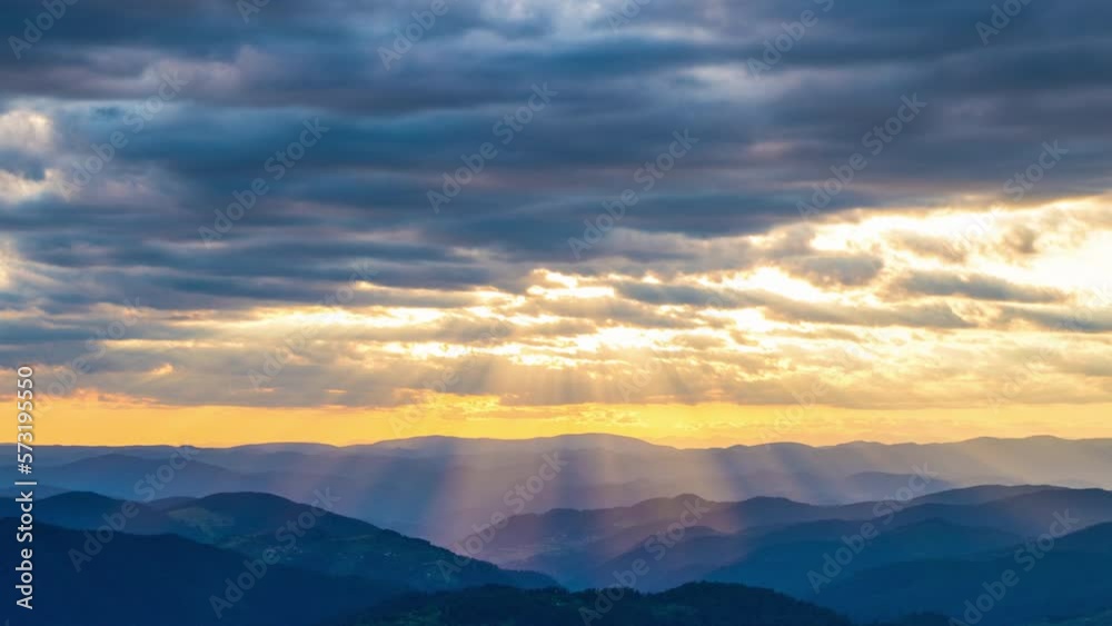 Cloudy weather over hills covered with spruce forests in Rhodope Mountains and fog between mountain ranges Cloudy weather over hills covered with spruce forests in Rhodope Mountains and fog between mountain ranges