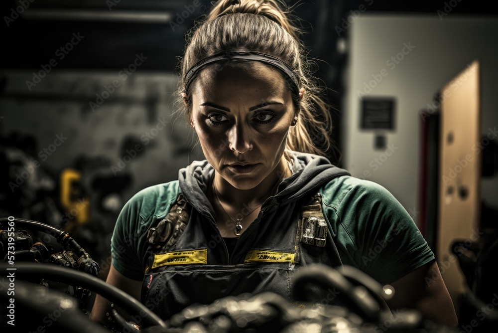 Obraz premium Automotive car mechanic female working in the garage and repairs a broken engine or gearbox. Repair or maintenance of auto service. AI generative