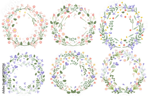 A collection of bright, creative, blooming wreaths in pastel colors. Color wreaths are perfect for banners, posters, birthdays, weddings and more. Vector graphics.