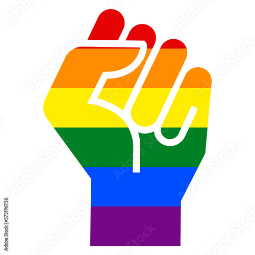 Logo lgbt. Mes del orgullo. Silueta aislada de puño cerrado levantado con textura con los colores de la bandera arco iris