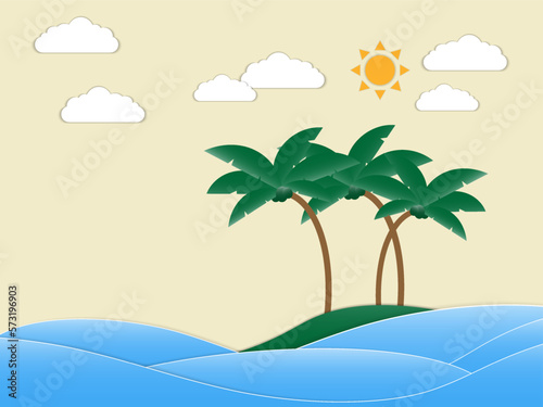 Coconut trees on island with cloud with sun on yellow background , vector illustration ,travel holiday summer Booking online Business Concept