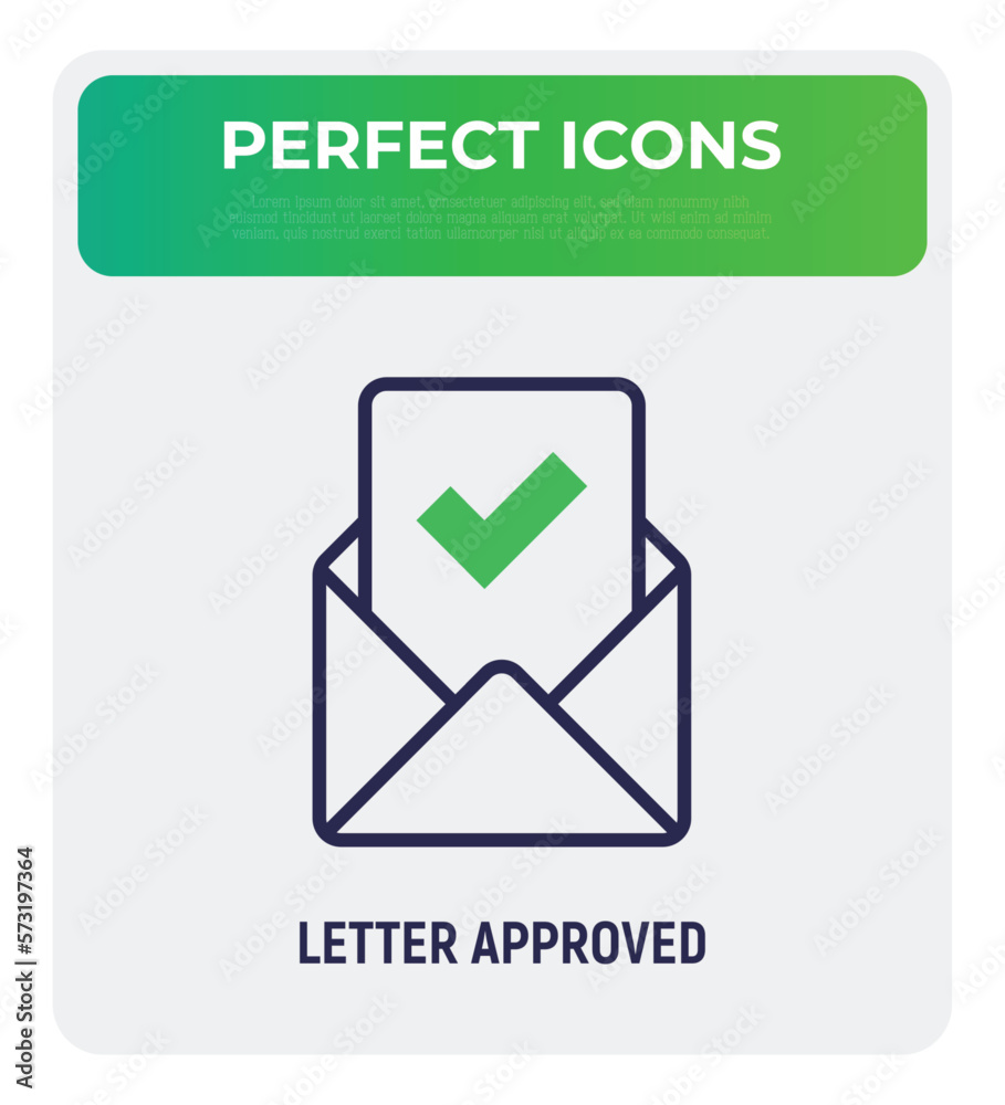 Letter approved thin line icon: envelope with paper sheet with check mark. Modern vector illustration. Letter approved thin line icon: envelope with paper sheet with check mark. Modern vector illustration.