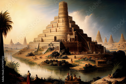 Ancient city of Babylon with the tower of Babel, bible and religion, new testament, speech in different languages,Illustration, Tower, Palm Tree. Generative AI technology