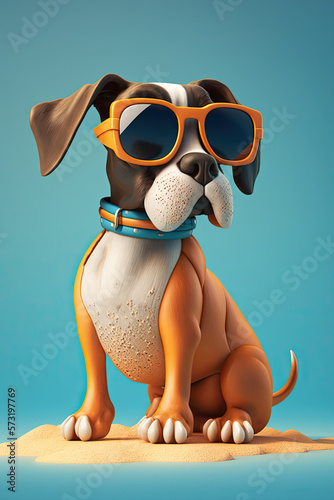 Cute Cartoon Summer Dog on a Beach in Sunglasses with Space for Copy (Created with Generative AI)