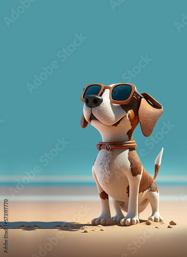 Cute Cartoon Summer Dog on a Beach in Sunglasses with Space for Copy (Created with Generative AI)