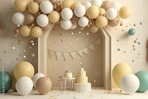 Composition of a bouquet of light white and beige balloons for a children's birthday party or other celebration. Generative AI