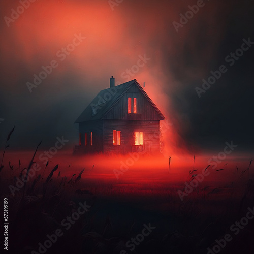 a_cabin_surrounded_by_fog._red_lights_shining_out_of_