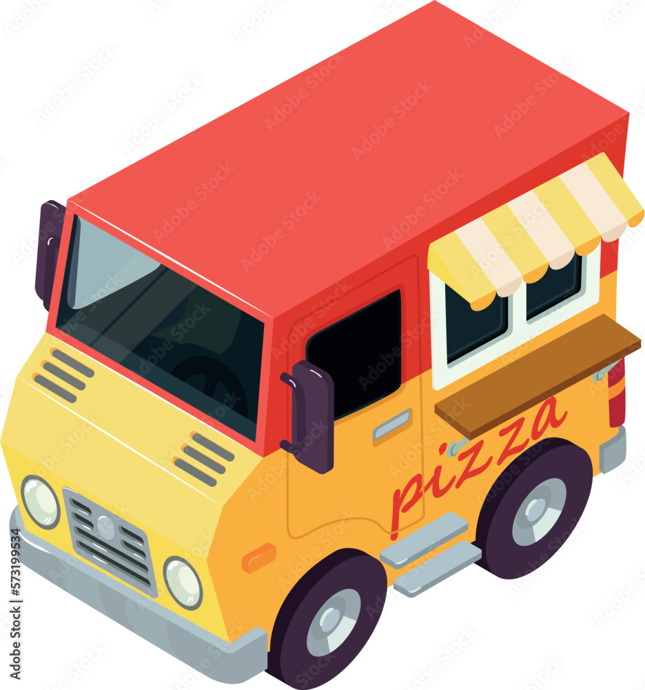 Italian food icon isometric vector. Bright vehicle selling fresh pizza in street. Street food, italian cuisine Italian food icon isometric vector. Bright vehicle selling fresh pizza in street. Street food, italian cuisine