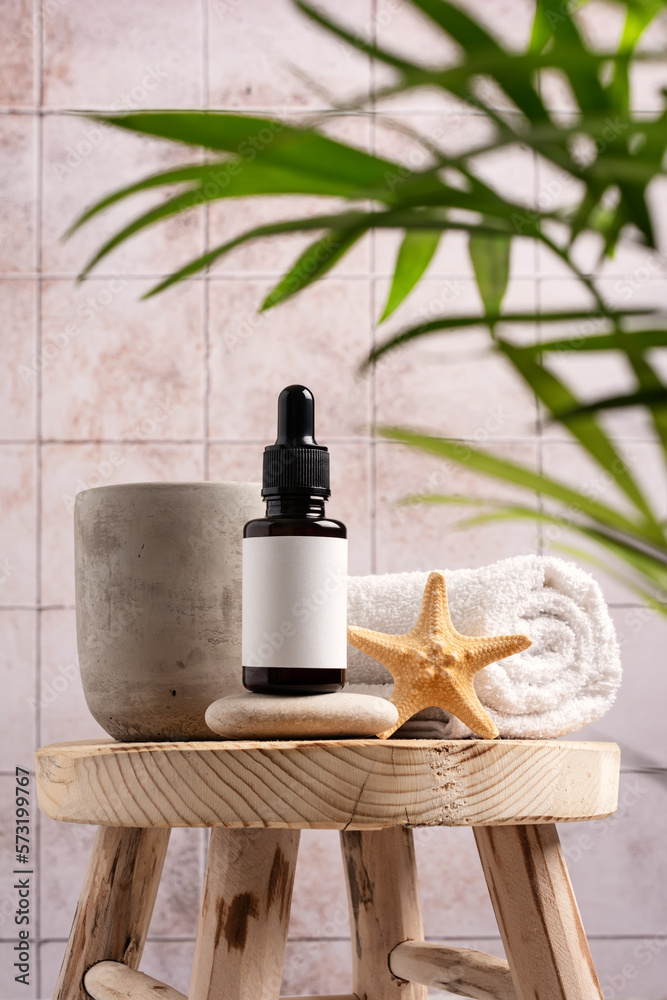 Spa and wellness concept with product display scene for serum or essence with brown glass dropper bottle Spa and wellness concept with product display scene for serum or essence with brown glass dropper bottle