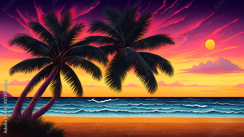 Beautiful beach and sunset, palm trees retro style with generative AI.