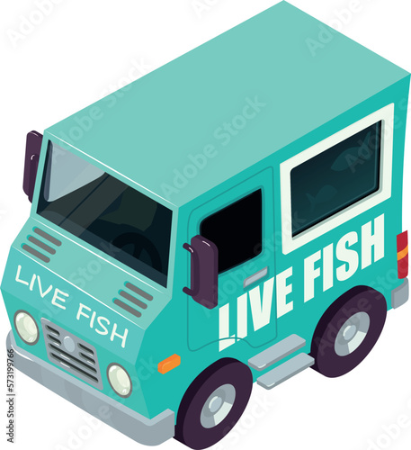 Live fish icon isometric vector. Retro blue live fish delivery service vehicle. Food concept, seafood delivery