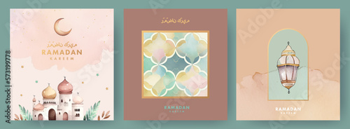 Ramadan Kareem watercolor Set of posters, cards, holiday covers. Arabic text translation Ramadan Kareem. Modern beautiful design in pastel colors with mosque, crescent, stars in the sky, arches window