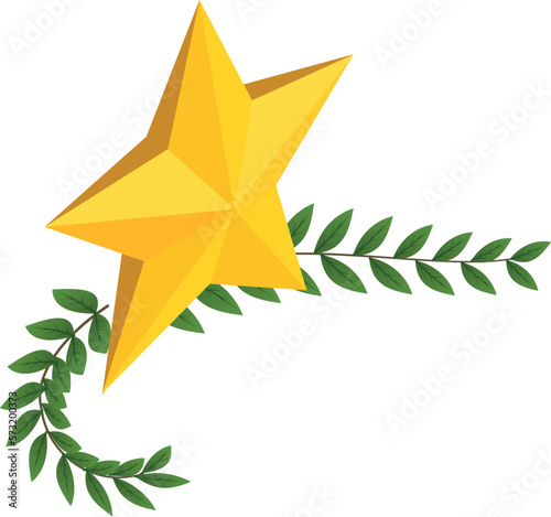 Star award icon isometric vector. Golden five pointed star and green branch icon. Reward concept photo