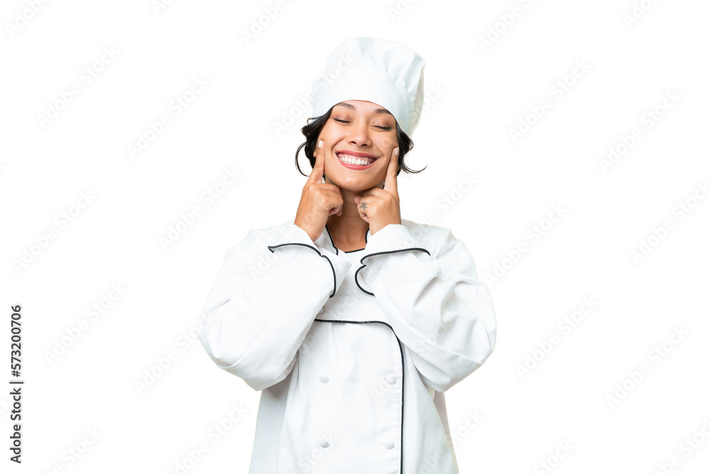 Young chef Argentinian woman over isolated background smiling with a happy and pleasant expression
