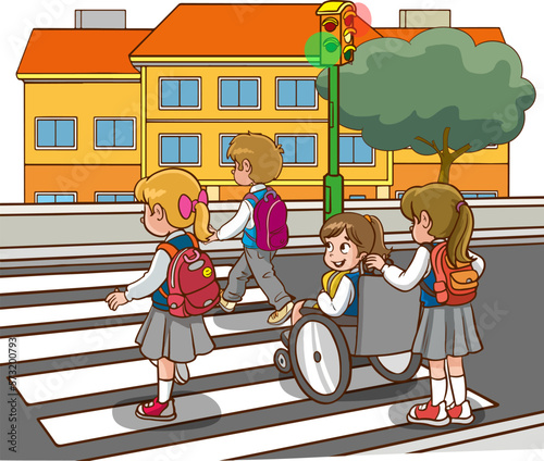 People on street. Pedestrian crossing road on crosswalk with street lights cartoon vector