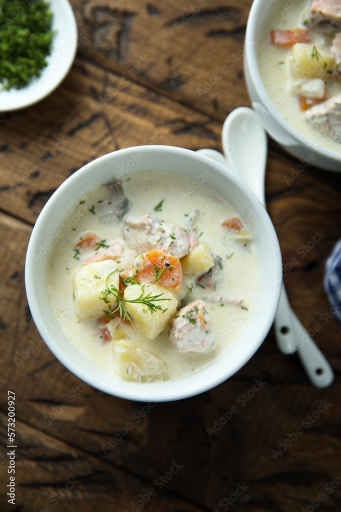 Traditional fish soup with vegetables and cream Traditional fish soup with vegetables and cream