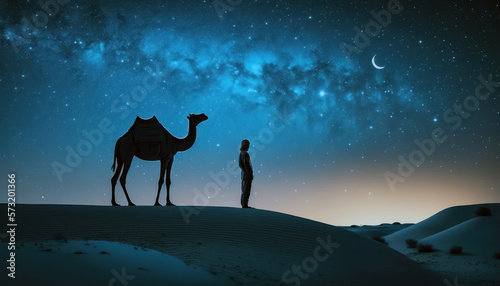 Person with camel in the desert at night, crescent moon on blue starry sky. Ramadan concept. AI generative