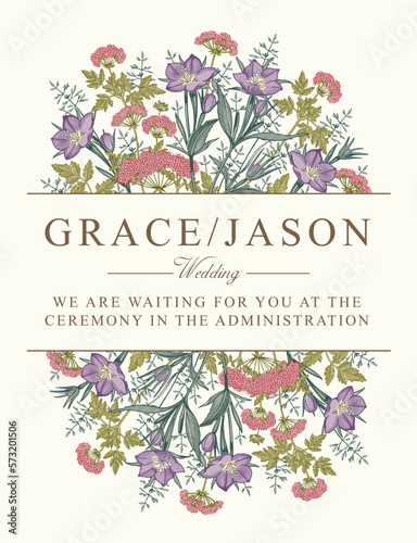 Wedding invitation. Thank you. Bluebells Hemlock tree isolated. Beautiful blooming realistic flowers. Vintage greeting card Frame. Drawing engraving. Wallpaper baroque. Vector victorian illustration