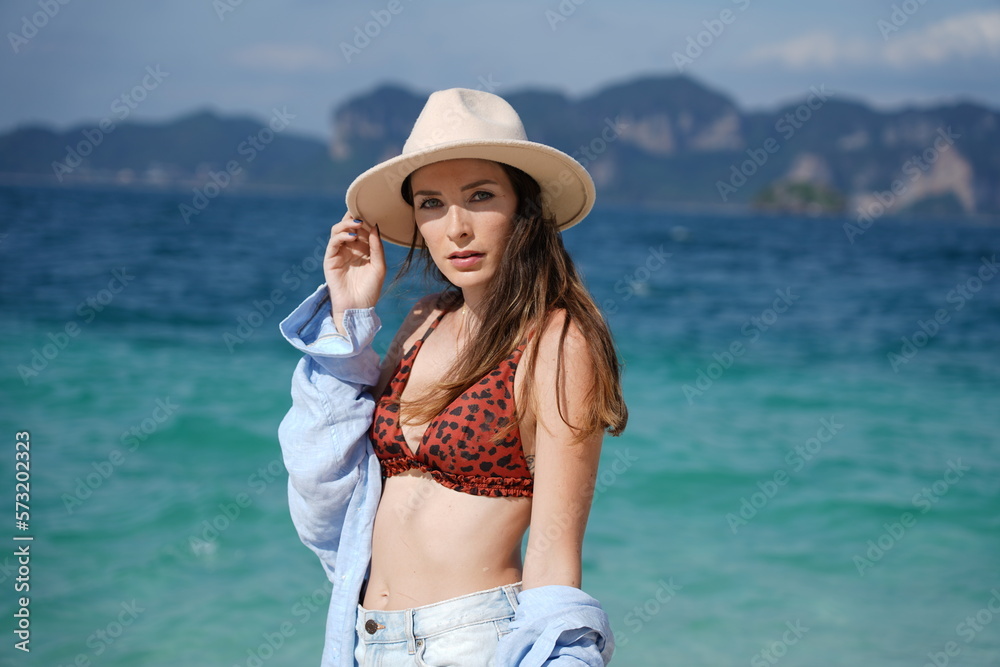 woman on the beach in krabi thailand, poda island, model shooting