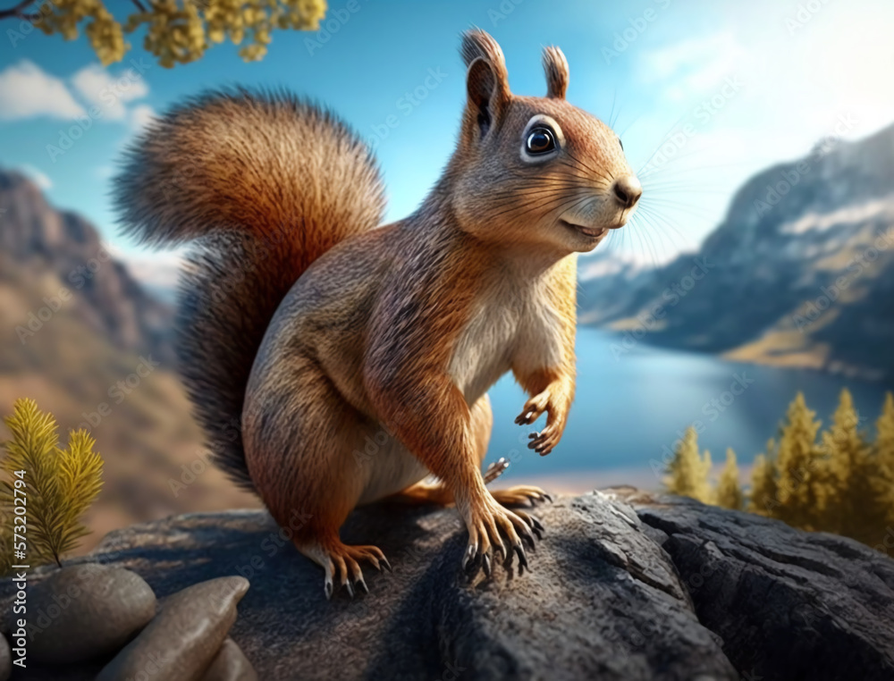 squirrel on top of the mountains enjoys nature, Lake, bright sky, Safe Atmosphere, HD landscape, wild animals, 4K, wildlife background, AI squirrel on top of the mountains enjoys nature, Lake, bright sky, Safe Atmosphere, HD landscape, wild animals, 4K, wildlife background, AI